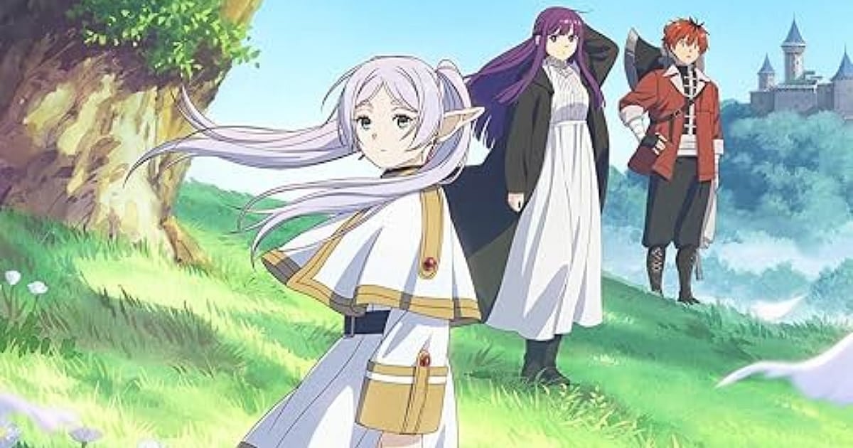 Frieren, Fern, and Stark from Frieren: Beyond Journey's End standing on a green hillside with a castle visible in the background