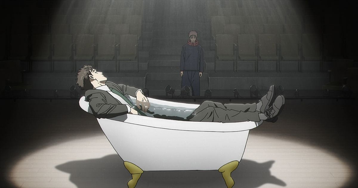 Hiromi Higuruma lying fully clothed in a bathtub as Yuji Itadori looks on in Jujutsu Kaisen Season 3 Episode 8