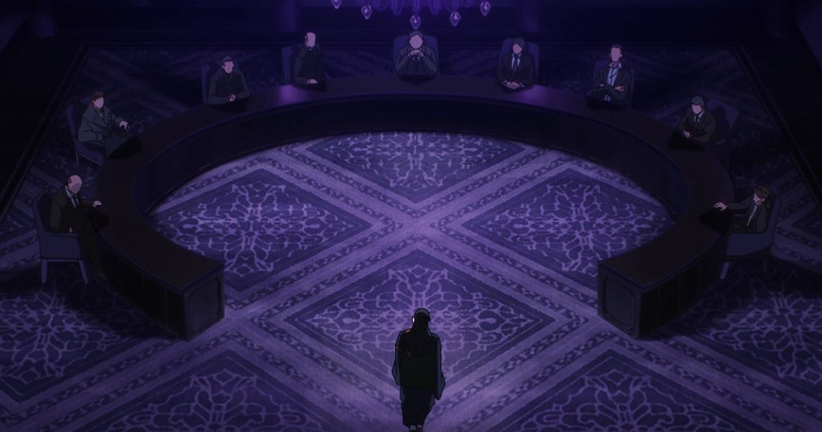 Kenjaku standing before a semicircle of foreign government officials in a dimly lit room in Jujutsu Kaisen Season 3 Episode 8
