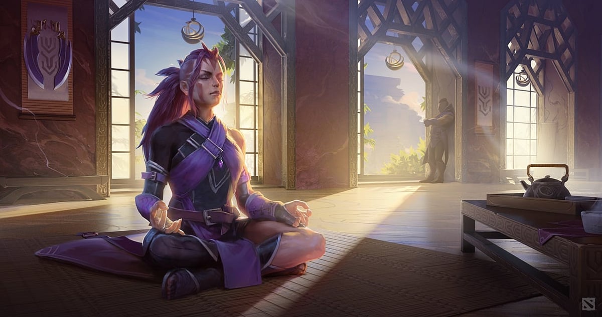 Dota 2 character Anti Mage meditating in a sunlit dojo with purple robes and a teapot nearby