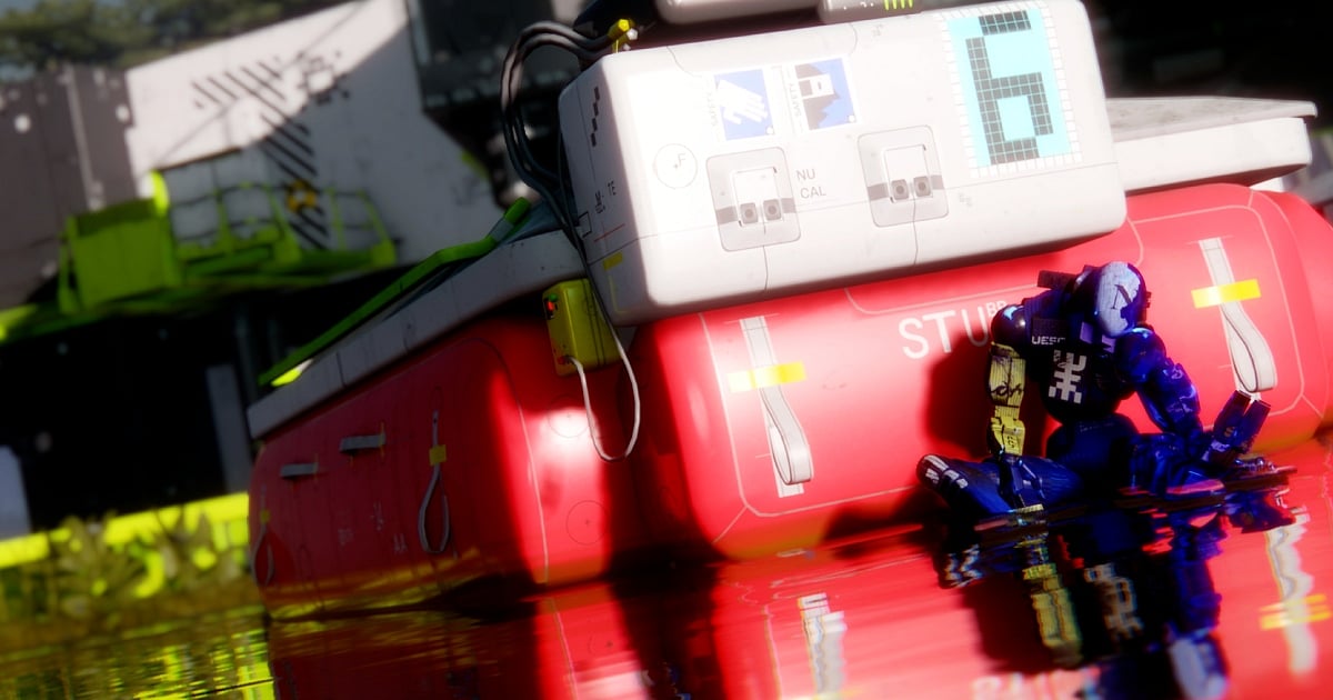 A cybernetic Runner crouches beside red industrial containers marked with NuCaloric branding in Marathon's Dire Marsh zone