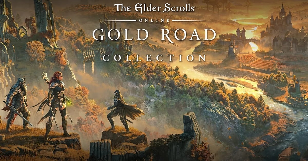 The Elder Scrolls Online Gold Road Collection key art showing three adventurers overlooking a fantasy landscape with castles and a river