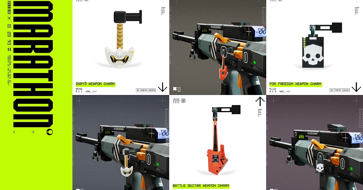 Marathon weapon charms including the Onryo mask, For Freedom badge, and Battle Guitar charm displayed on in-game weapons against a neon green and grey backdrop