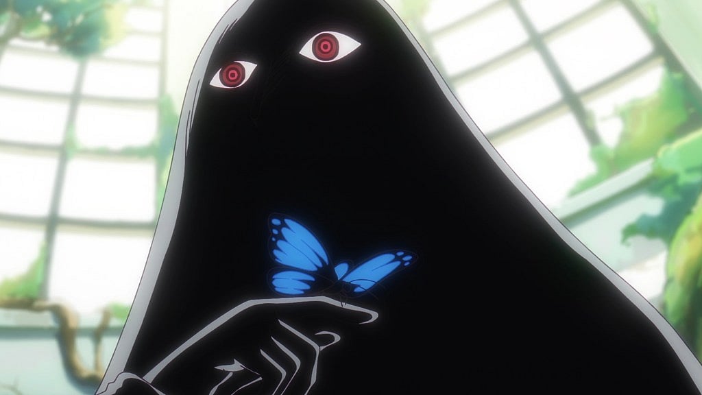 Imu holding a blue butterfly in the Room of Flowers from the One Piece anime