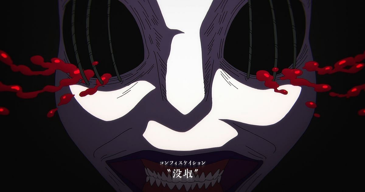 Judgeman forcing its eyes open through stitches while bleeding and declaring Confiscation in Jujutsu Kaisen Season 3 Episode 9
