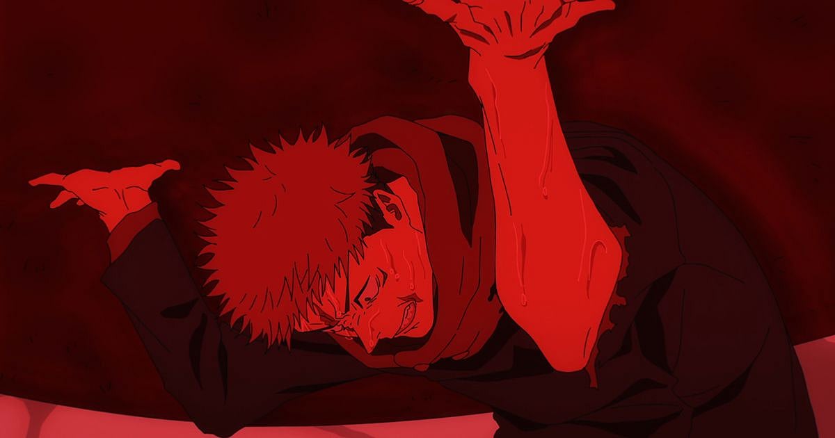 Yuji Itadori bloodied and stripped of cursed energy during his fight against Higuruma in Jujutsu Kaisen Season 3 Episode 9