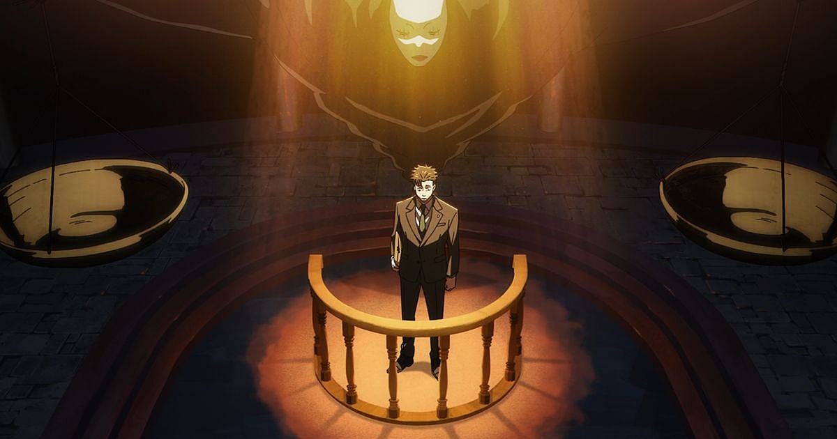 Higuruma prosecuting Yuji Itadori inside the Deadly Sentencing courtroom with Judgeman presiding in Jujutsu Kaisen Season 3 Episode 9