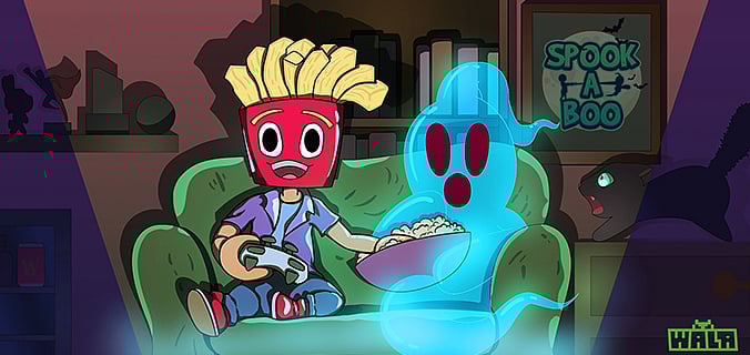 Artwork from Spook-A-Boo by Wala Interactive showing a cartoon french fry character sitting on a green couch holding a game controller next to a surprised blue ghost holding popcorn, in a dimly lit living room with a Spook-A-Boo poster on the wall.