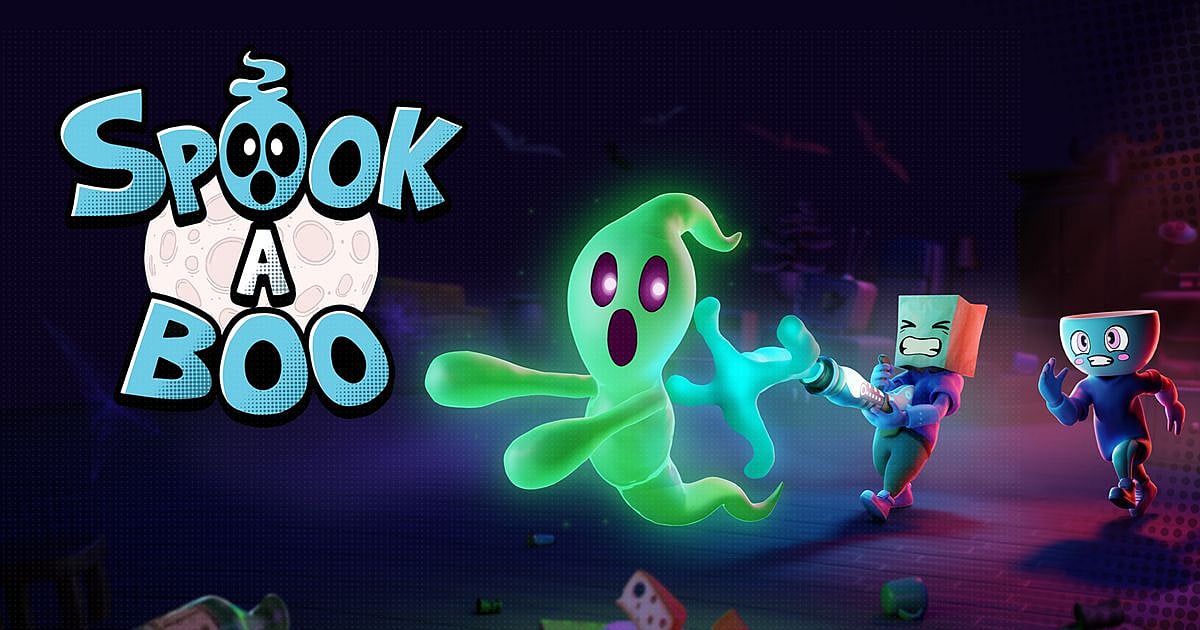 Key art for Spook-A-Boo showing the game's logo against a full moon, a glowing green ghost chasing two cartoon characters with block-shaped heads through a dark, cluttered room. One character holds a flashlight. The art style is colorful and Saturday morning cartoon-inspired.