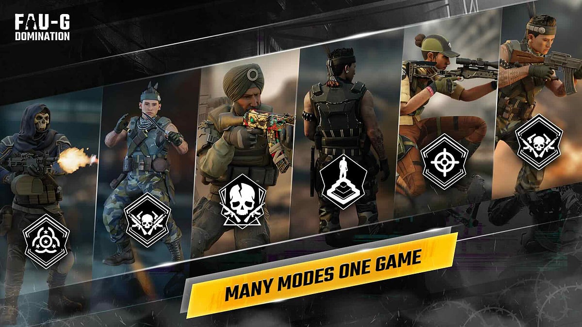 Promotional art for FAU-G: Domination showing six armed characters in military gear with game mode icons, and the tagline "Many Modes One Game." Characters include soldiers in Indian military-inspired outfits including one wearing a turban.