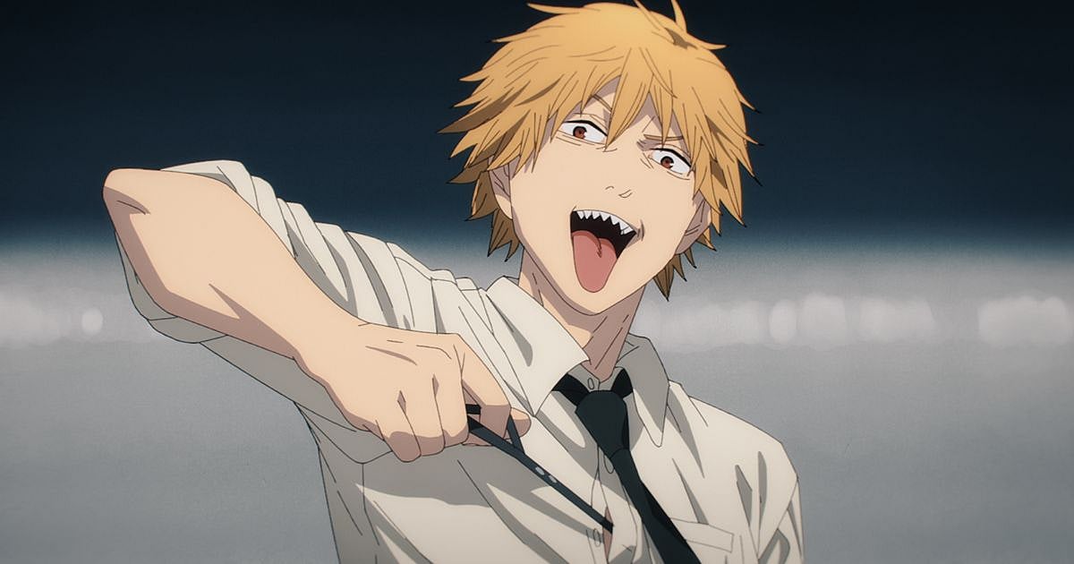 Denji pulling his tie cord to transform into Chainsaw Man, grinning with sharp teeth in the MAPPA anime adaptation