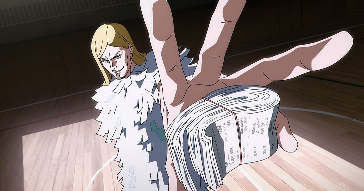 Reggie Star holding a stack of receipts for his cursed technique Contract Re-Creation in the gymnasium in Jujutsu Kaisen Season 3 Episode 10