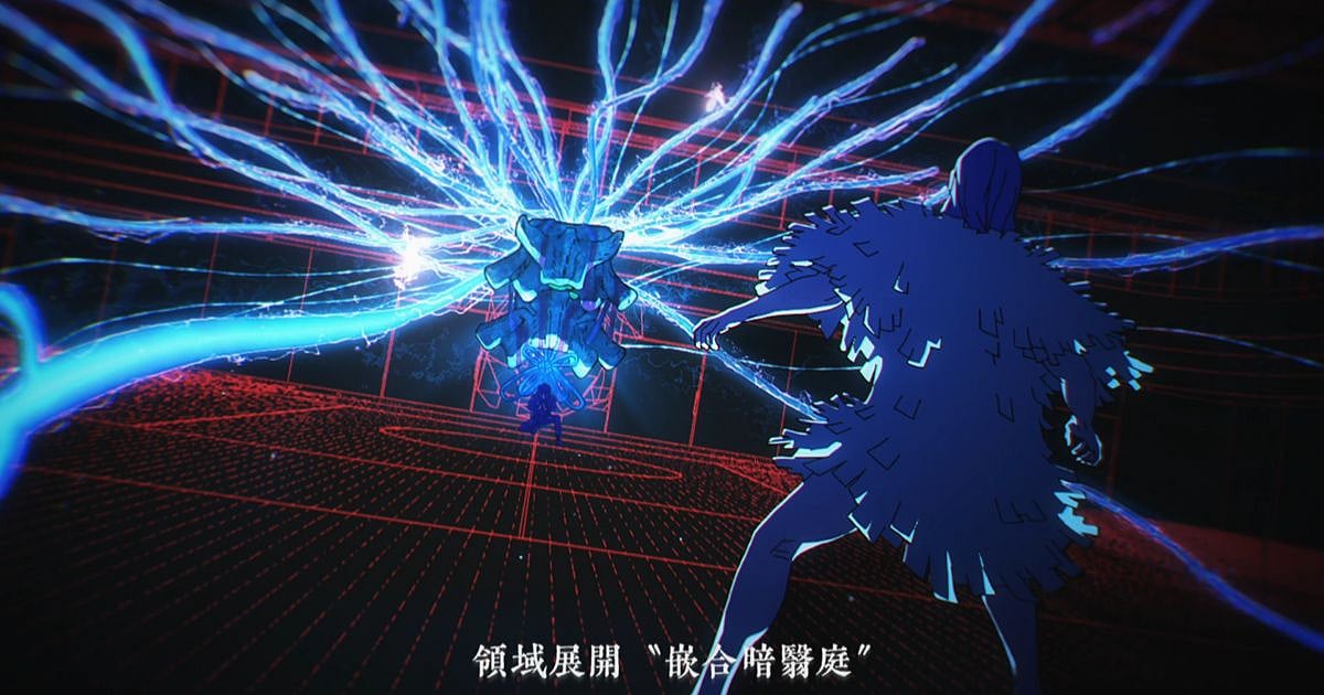 Megumi Fushiguro activates his Domain Expansion Chimera Shadow Garden against Reggie Star inside the gymnasium in Jujutsu Kaisen Season 3 Episode 10
