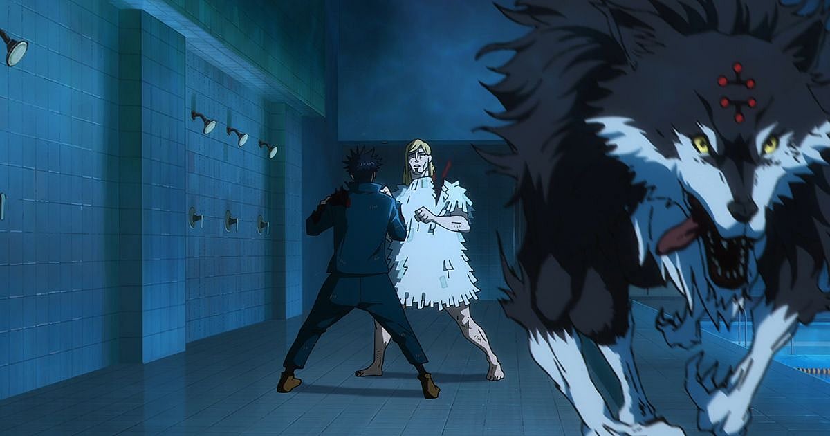 Megumi Fushiguro fights Reggie Star by the gymnasium pool as Divine Dog Totality kills the latter in Jujutsu Kaisen Season 3 Episode 11