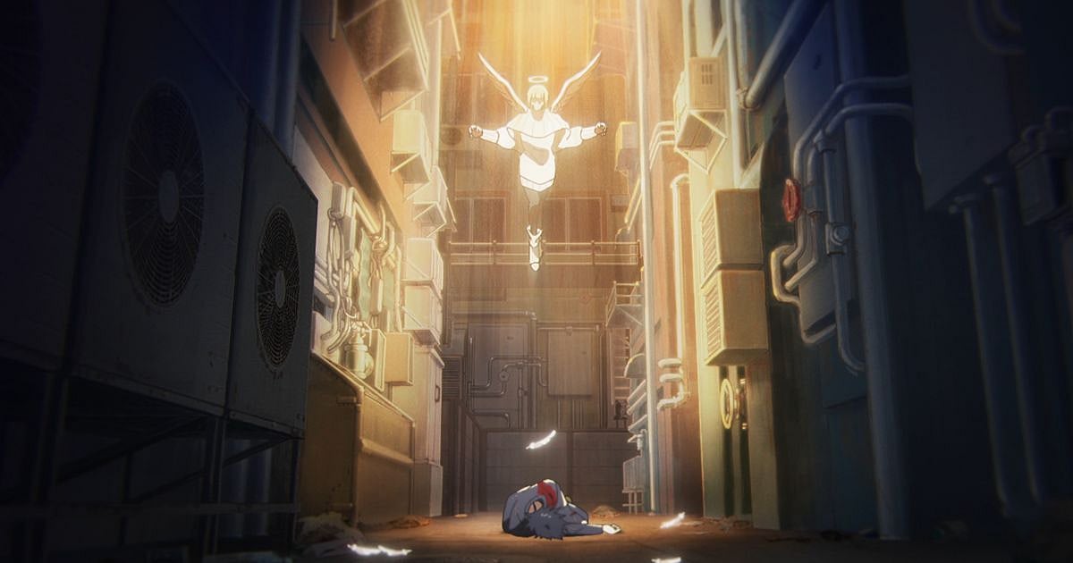 Hana Kurusu known as Angel descends from the sky with golden light and falling feathers toward an unconscious Megumi Fushiguro in Jujutsu Kaisen Season 3 Episode 11
