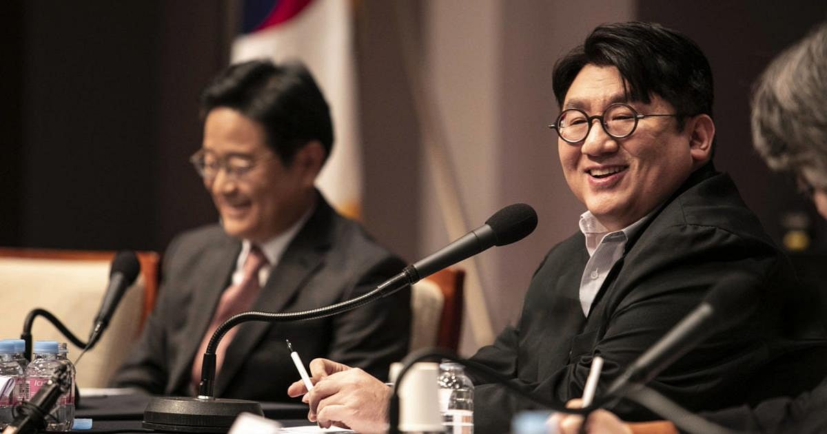Bang Si-hyuk, founder of Hybe Co., reacts as he speaks during a forum in Seoul, South Korea, on Wednesday, March 15, 2023. Bang said Hybe, the label behind boyband sensation BTS, is looking at two US music management companies that have renowned producers for possible M&A targets. 