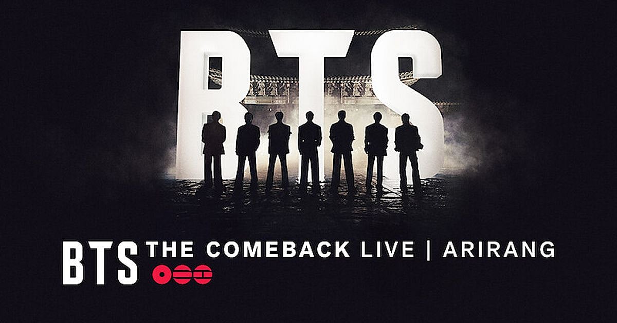 Official promotional poster for BTS The Comeback Live Arirang on Netflix, showing the seven members silhouetted against the Gwanghwamun Gate with the BTS logo above