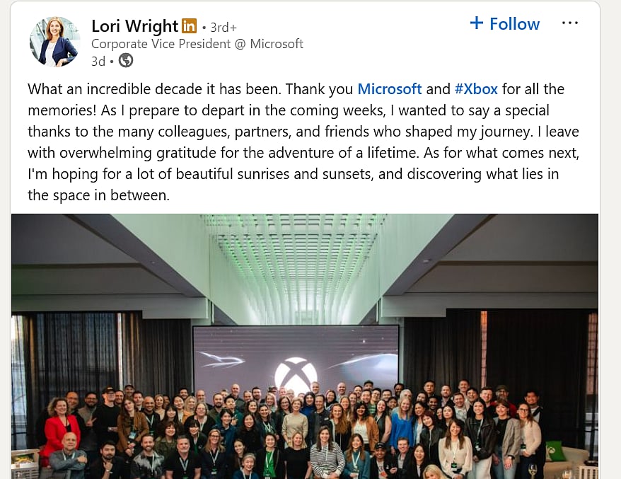 Lori Wright's LinkedIn post about exit from Xbox
