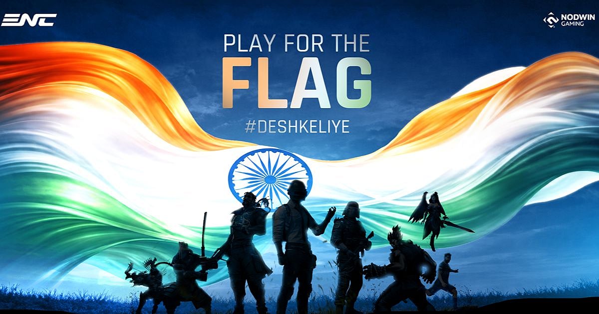 Silhouettes of game characters standing before the Indian tricolour and the Ashoka Chakra, with the text "Play for the Flag" and #DeshKeLiye, flanked by ENC and NODWIN Gaming logos