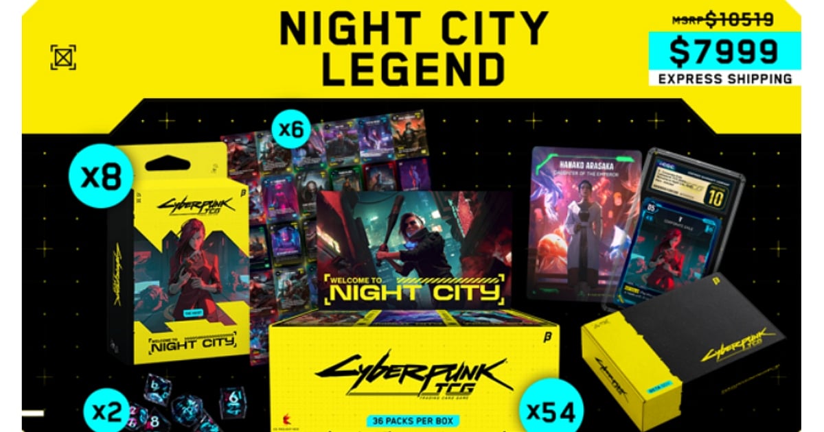 Cyberpunk TCG Night City Legend deck box with character artwork and futuristic Night City aesthetic.