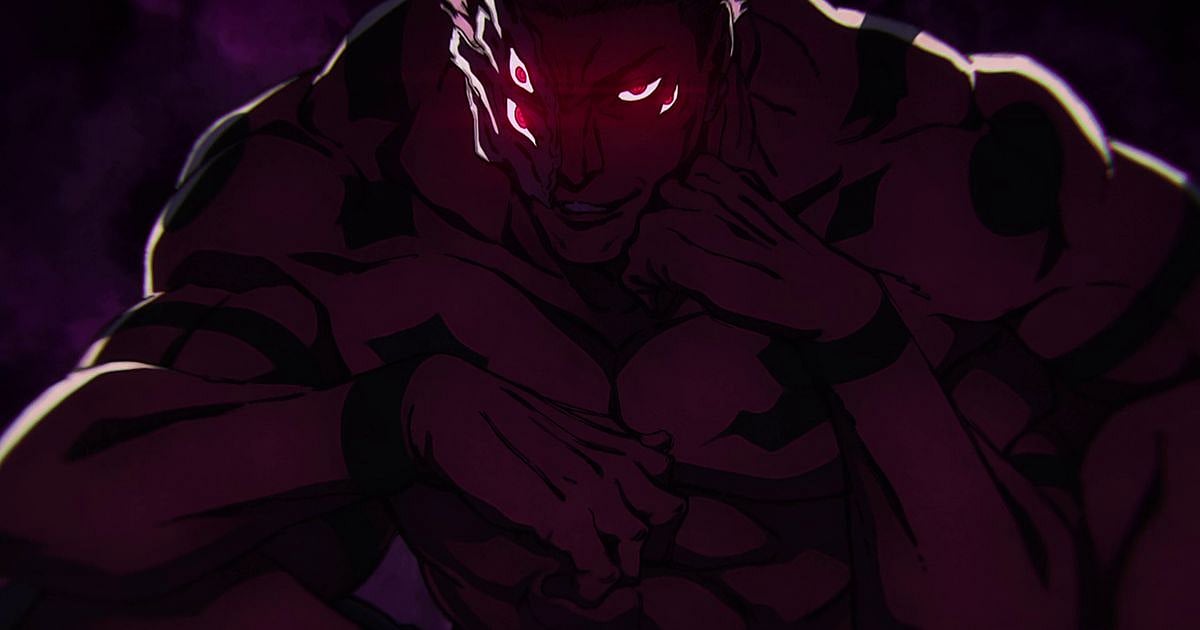 Sukuna's true form looming in darkness with red glowing eyes and cursed markings across his body, the first time his true appearance is shown in the Jujutsu Kaisen anime in Season 3 Episode 12