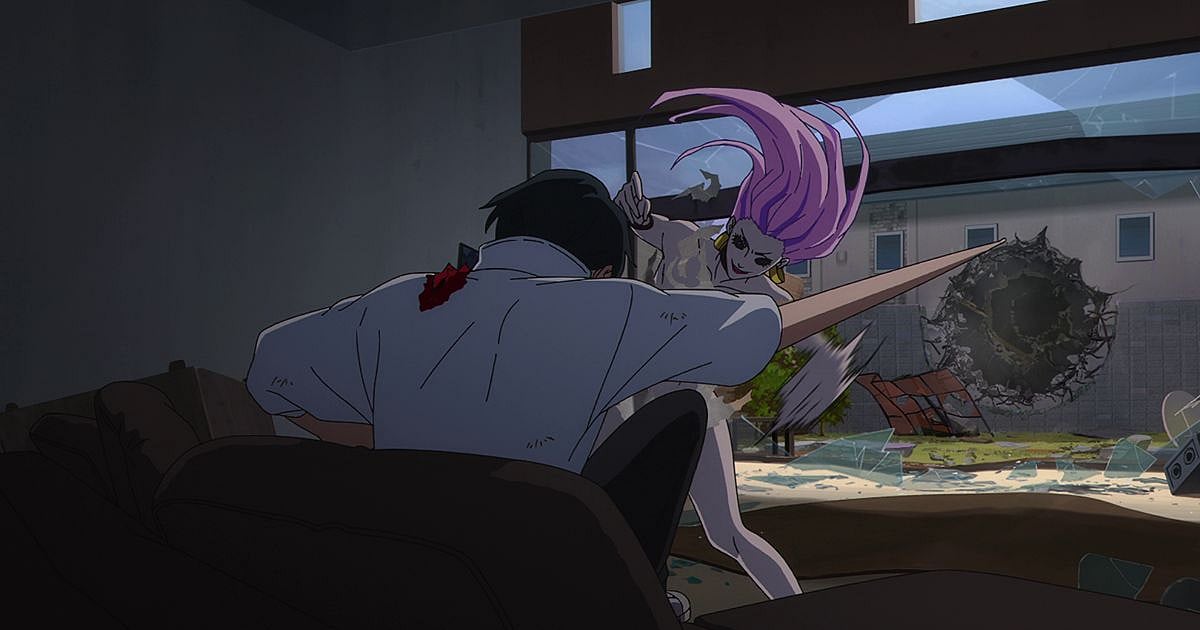 Takako Uro with pink hair ambushes Yuta Okkotsu from behind through a broken window in Jujutsu Kaisen Season 3 Episode 12