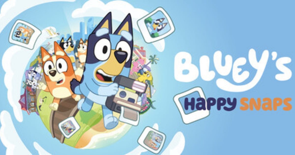 A vibrant, wholesome promotional image for Bluey’s Happy Snaps featuring Bluey and Bingo holding a camera and a colorful scrapbook against a lush Australian backyard background.