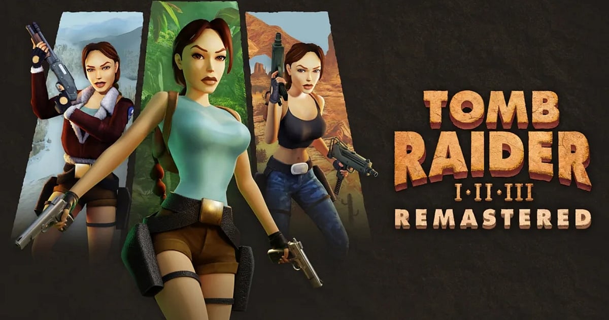 Promotional artwork for Tomb Raider I-III Remastered, featured in the PlayStation Plus April 2026 games lineup. The image displays three distinct versions of Lara Croft in her classic outfits from the original trilogy, each holding her signature dual pistols and various weapons against backgrounds of a snowy mountain, a lush jungle, and an arid desert.