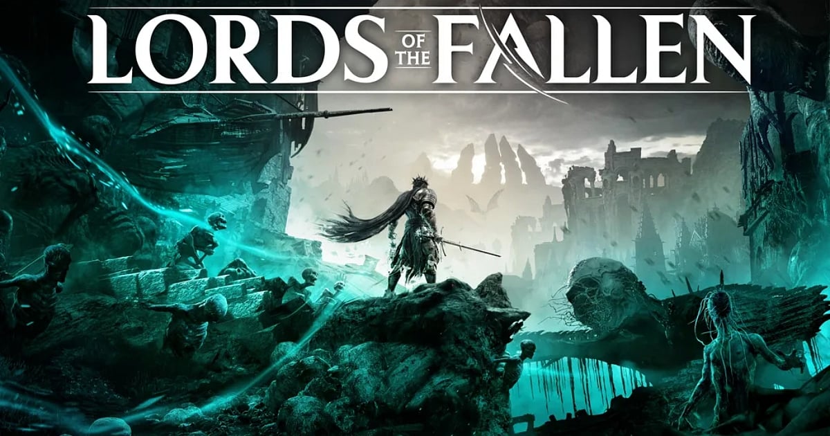 Key art for Lords of the Fallen. The image depicts a dark crusader standing on a rocky outcrop, overlooking a desolate, ruined landscape. On the left, ghostly blue figures of the undead emerge from the shadows, highlighting the game's dual-realm mechanics between the worlds of the living and the dead.