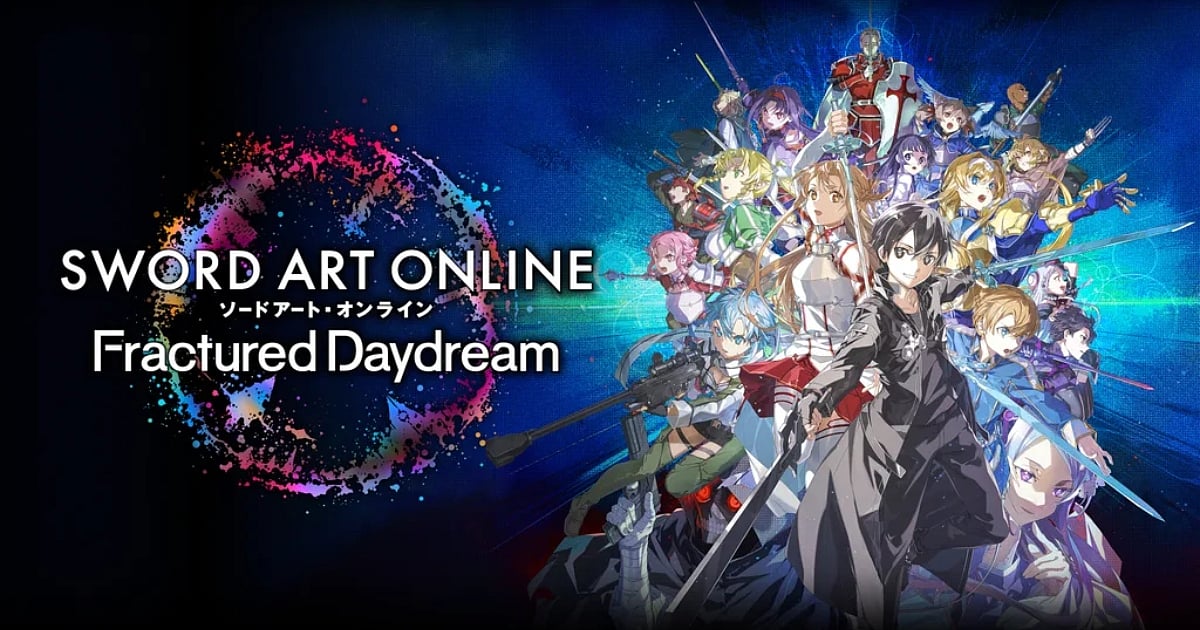 Official promotional artwork for Sword Art Online: Fractured Daydream, one of the PlayStation Plus April 2026 games. The image features a large ensemble cast of anime characters, including Kirito and Asuna, posed dynamically against a blue and black cosmic background with stylized, colorful paint splatters on the left.