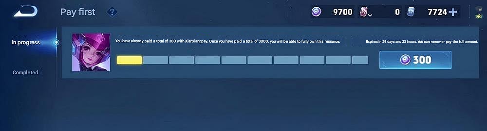 Honor of Kings' Early Access Pay interface showing a progress bar tracking payments toward full skin ownership, with a 300 Star Coin renewal button and a 29-day countdown timer.