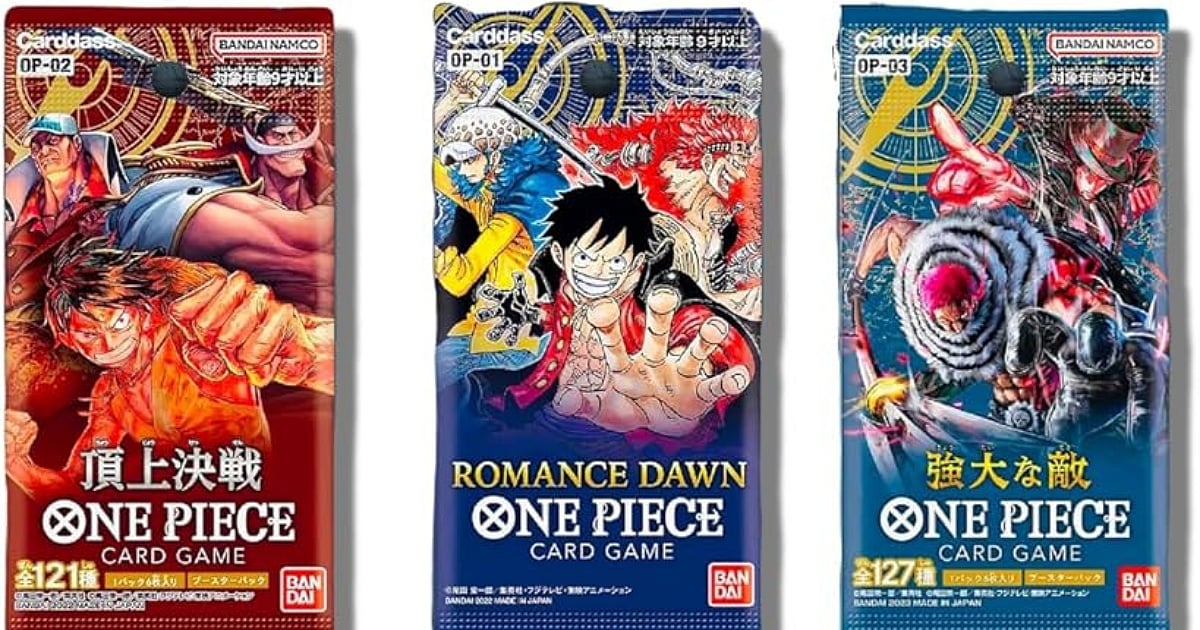 Three One Piece Card Game booster packs are displayed side-by-side: the red "Paramount War" (OP-02) featuring Luffy and Whitebeard, the blue "Romance Dawn" (OP-01) with Luffy, Law, and Kid, and the teal "Pillars of Strength" (OP-03) featuring Katakuri.