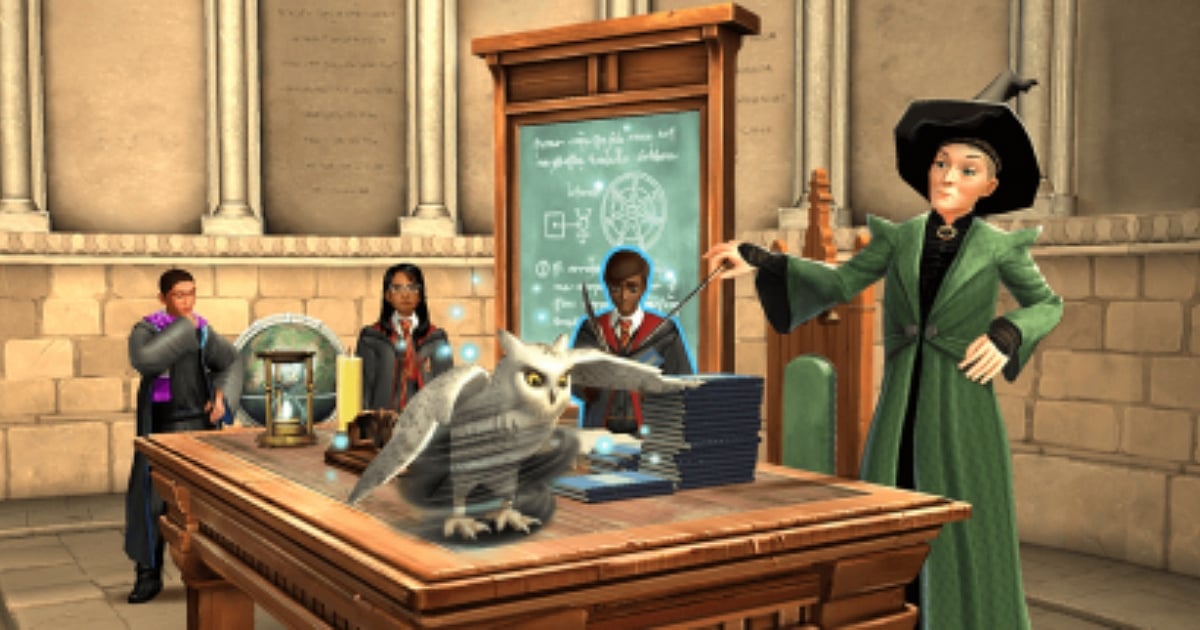 A gameplay screenshot from Harry Potter: Hogwarts Mystery showing Professor McGonagall in her signature green robes teaching a Transfiguration class. She stands at a wooden desk pointing her wand at a white owl that is swirling with magical energy. Three students in school robes watch from behind the desk, with a chalkboard featuring magical diagrams and a large hourglass visible in the background.