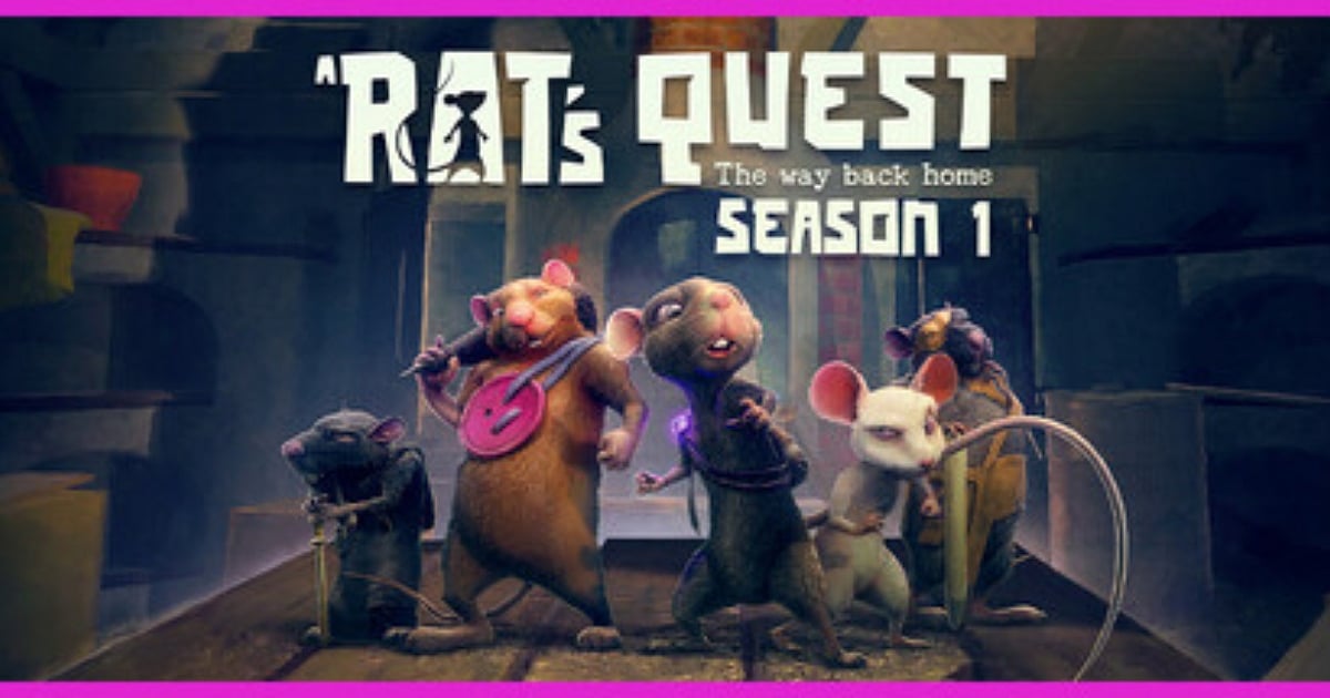 Promotional poster for "A Rat's Quest: The Way Back Home Season 1" featuring four stylized rats standing on a wooden surface. The rats are dressed in adventurer gear, including a warrior with a needle sword, a scavenger with a pink button shield, and a rogue with a glowing purple pouch. The background shows a dimly lit indoor setting.
