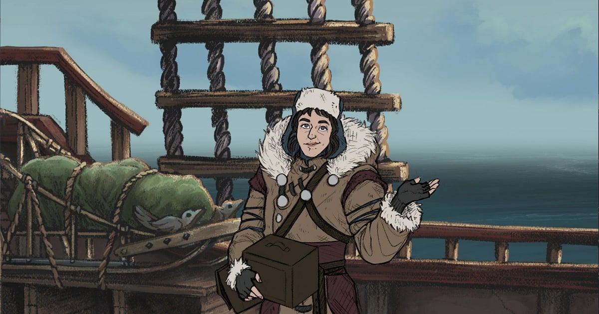 A hand-drawn illustration from the game The Pale Beyond, featuring a character dressed in heavy arctic winter gear, including a fur-lined hood and fingerless gloves. They are standing on the wooden deck of a ship against a backdrop of a calm sea and pale blue sky, holding a small wooden crate with a sled full of supplies visible behind them.