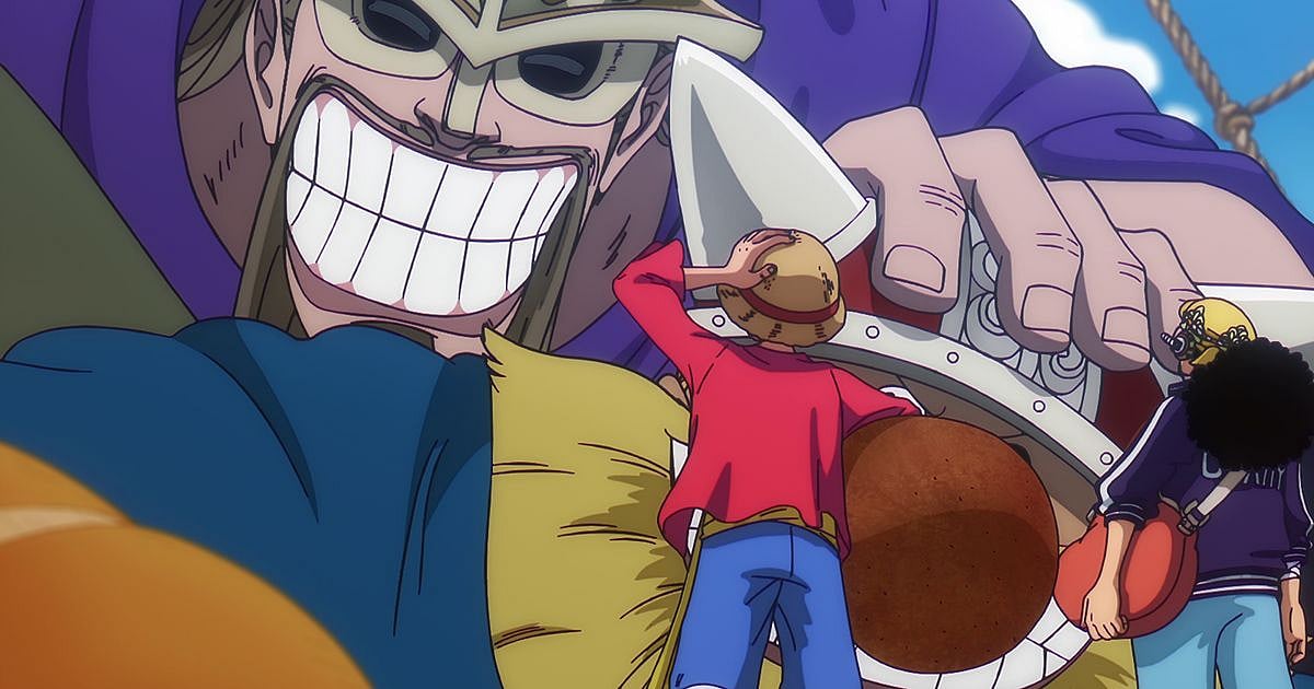 A giant grins while holding Luffy during the reunion banquet aboard the Giant Warrior Pirates' ship in One Piece Episode 1156