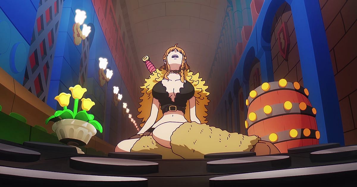 Nami wakes up in a mysterious room made of coloured blocks wearing a Viking outfit in the One Piece Episode 1156 post-credits scene