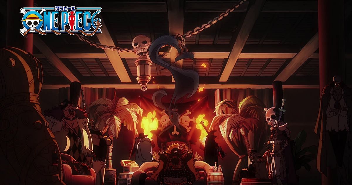 Blackbeard sits surrounded by his crew at Hachinosu in One Piece Episode 1156