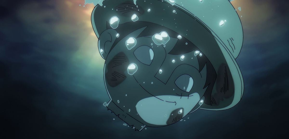 The Going Luffy-senpai's mast sinking underwater with the subtitle "Status unknown" after Yasopp destroys his ship in One Piece Episode 1156