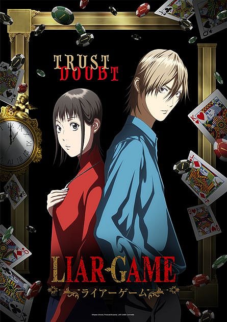 Liar Game anime key visual showing Nao Kanzaki in a red top and Shinichi Akiyama in a blue shirt standing back to back, surrounded by playing cards and casino chips, with the words "Trust" and "Doubt" above them