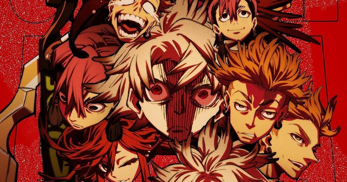 A collage of characters from the anime series Gachiakuta, one of the Anime Awards 2026 nominees, set against a vibrant red background. The central figure features a high-contrast, intense expression with glowing red eyes, surrounded by several other characters showcasing a variety of eccentric, gritty, and expressive art styles.