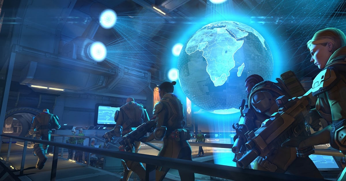 A high-tech command center from XCOM: Enemy Unknown featuring a glowing holographic globe of Earth in the center. Armed soldiers in futuristic armor walk across a metallic bridge in the foreground, overlooking a bustling operations floor where personnel monitor screens and prepare for a global alien defense mission.