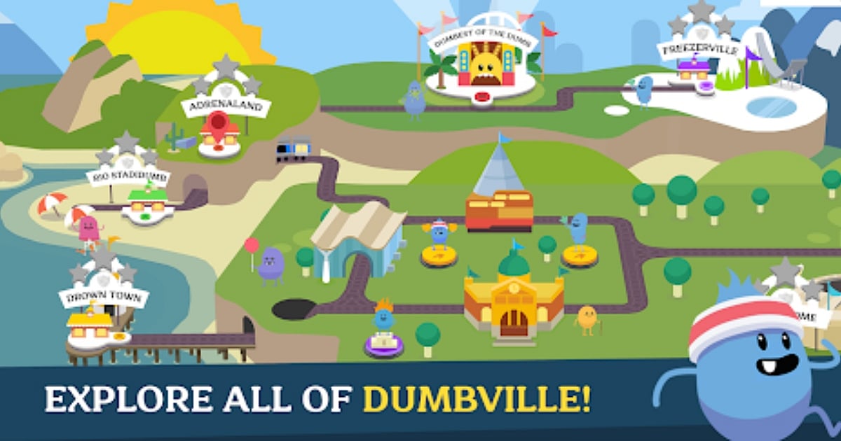 A colorful, 2D map of "Dumbville" from the game Dumb Ways to Die 2. The cartoonish landscape features various themed mini-game locations like "Adrenaland," "Freezerville," and "Drown Town," populated by the game's signature quirky bean characters. A banner at the bottom invites players to "Explore All of Dumbville!"