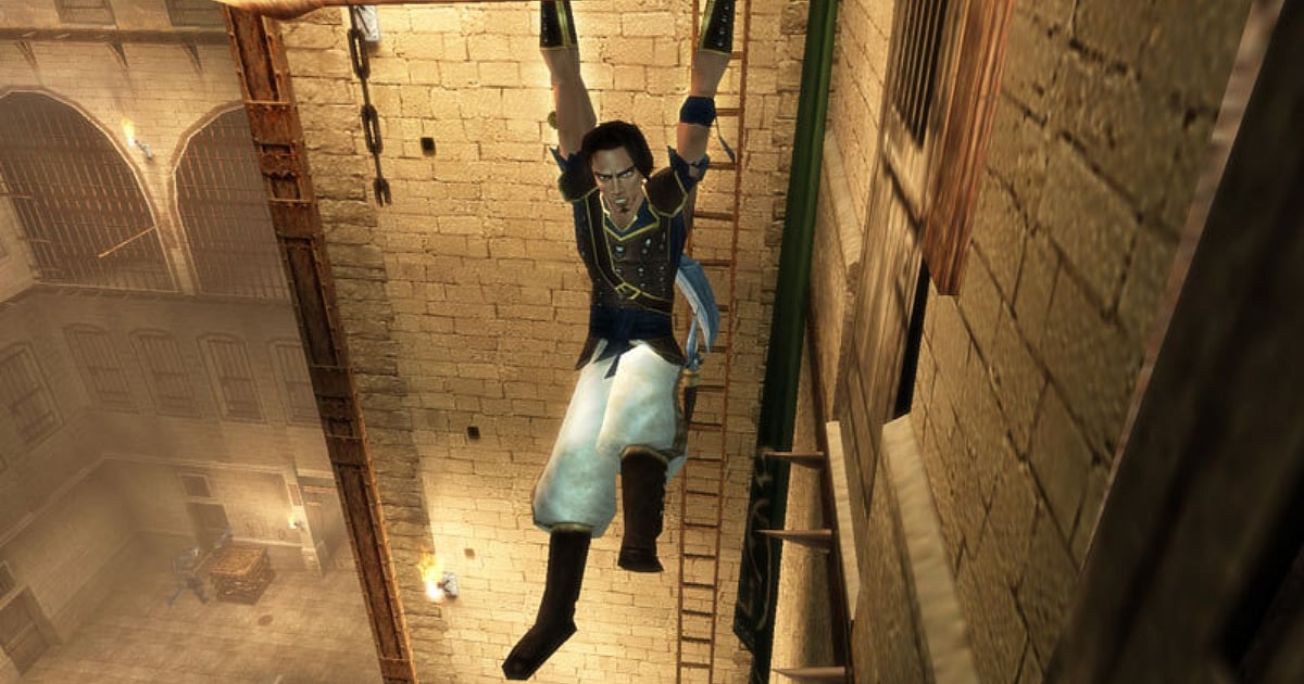 Gameplay screenshot of the original 2003 "Prince of Persia: The Sands of Time" showing the Prince hanging from a wooden beam while platforming in a sunlit stone courtyard.