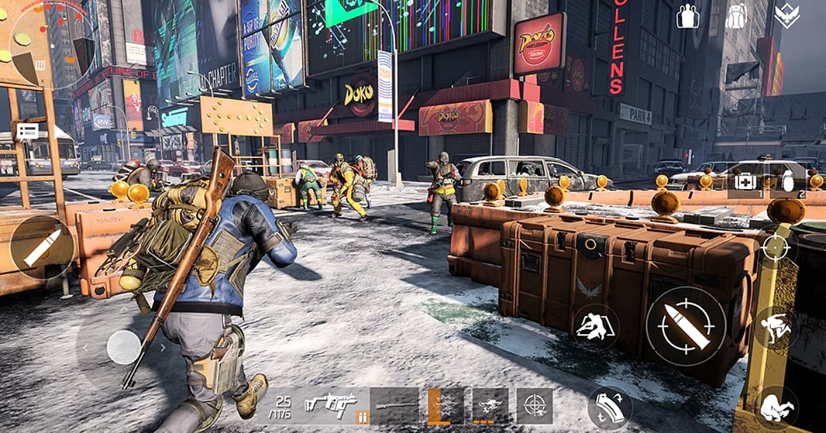 In-game mobile screenshot of The Division Resurgence showing third-person tactical gameplay, featuring the on-screen touch controls, a snowy New York street, and an agent engaging in combat near orange barricades.
