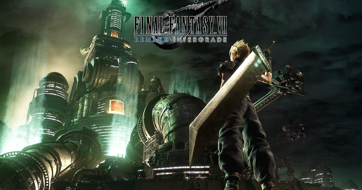 Key art for Final Fantasy VII Remake Intergrade featuring the protagonist, Cloud Strife, standing with his iconic Buster Sword strapped to his back. He is gazing toward the glowing, industrial Shinra Mako Reactor in the city of Midgar under a dark, cloudy sky.