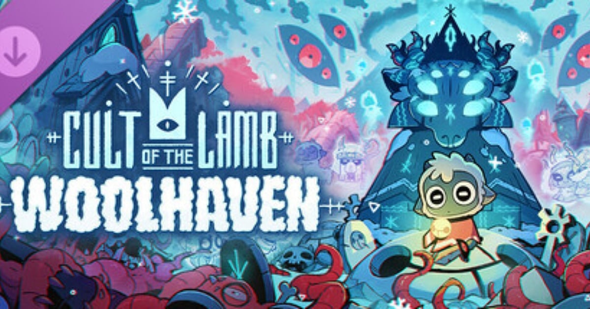 The official key art for the Cult of the Lamb: Woolhaven update. It features the titular Lamb sitting in the center, glowing with light, surrounded by a chaotic, colorful landscape of red tentacles, floating eyeballs, and snowy mountain peaks. The art style is bold and cartoonish with a dark, occult aesthetic.