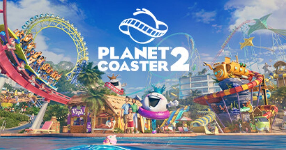 Official key art for Planet Coaster 2, showcasing a vibrant and sun-drenched theme park. The image features a large blue swimming pool in the foreground, with various water slides, a massive Ferris wheel, and a rollercoaster filled with riders in the background under a clear blue sky.