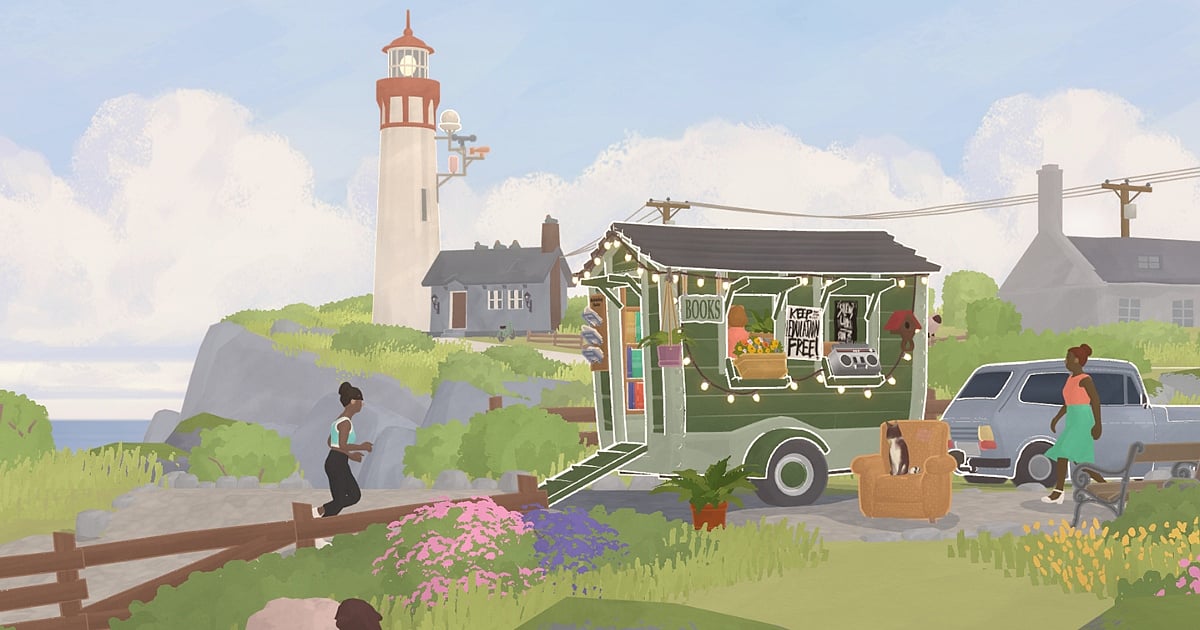 A serene, hand-drawn art style screenshot from Tiny Bookshop. It depicts a cozy green mobile bookstore trailer adorned with string lights, parked on a seaside cliff. In the background, a white and red lighthouse stands tall against a pale blue sky with soft clouds, while characters walk along a path near a vintage car.