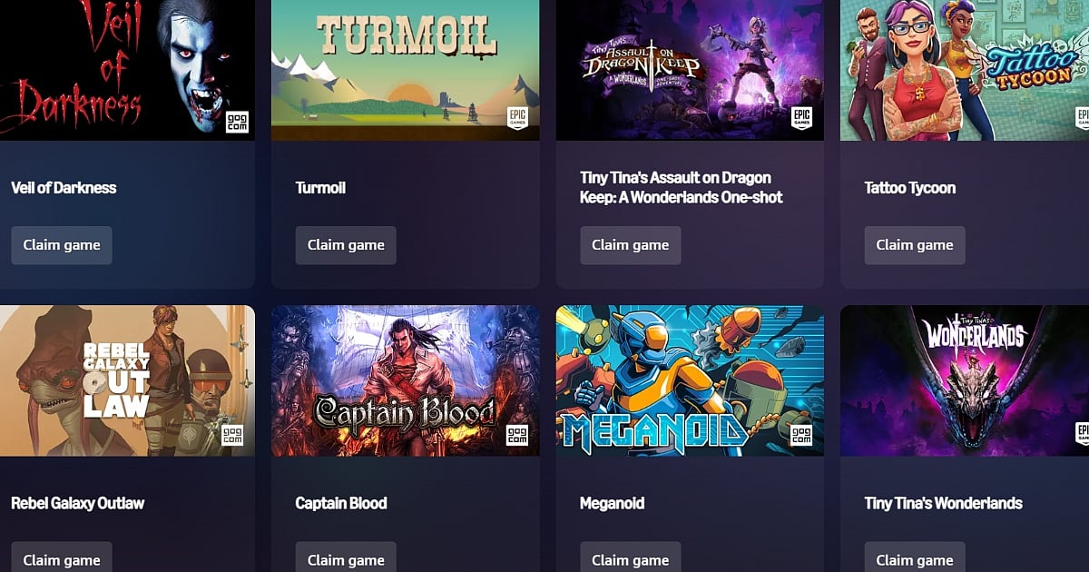 A grid showing various video games available to "Claim game" on the Amazon Luna platform, featuring titles like Veo of Darkness, Turmoil, Rebel Galaxy Outlaw, and Tiny Tina's Wonderlands with GOG and Epic Games Store branding.